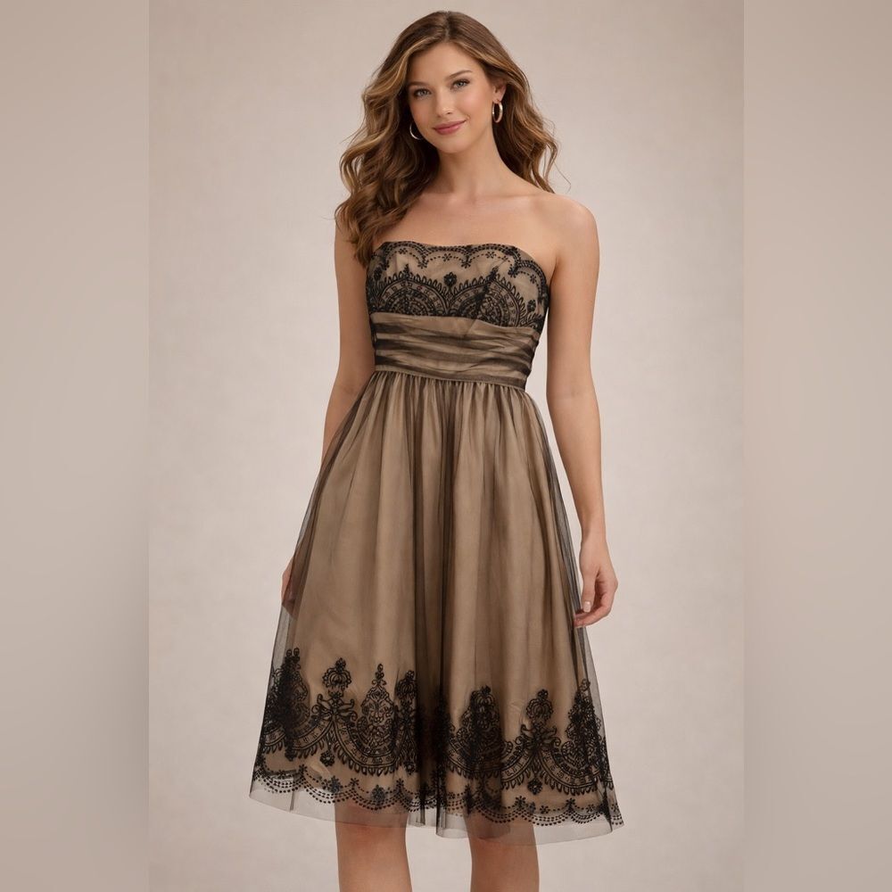 David’s bridal strapless dress with bead detail and sparkle. Worn once. EUC